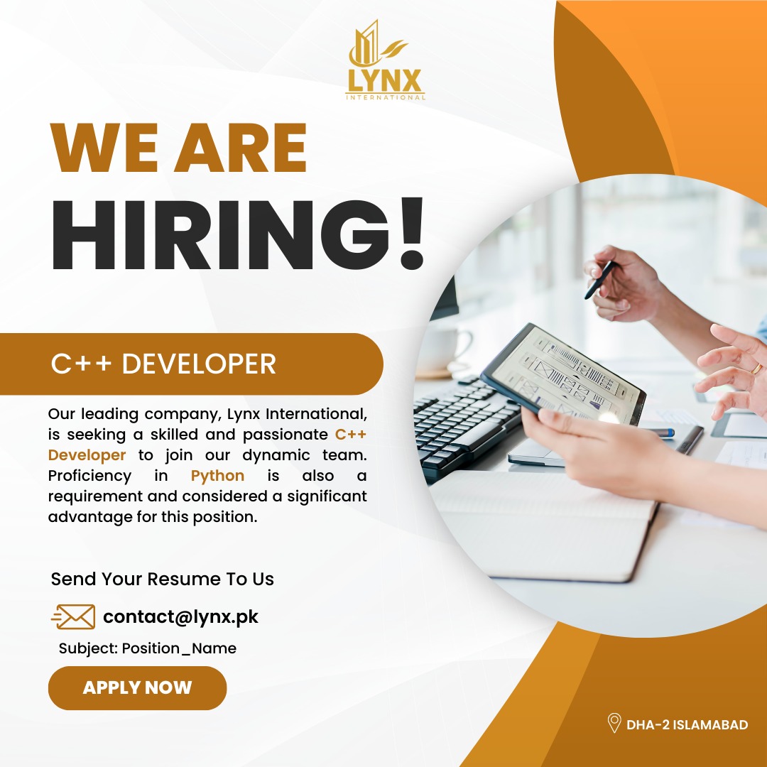 lynxdha's tweet photo. We're hiring a skilled C++ Developer to join our team. Knowledge of Python is also required and considered a valuable asset for this position.
𝐓𝐨 𝐀𝐩𝐩𝐥𝐲: Send your Resume on 𝐜𝐨𝐧𝐭𝐚𝐜𝐭@𝐥𝐲𝐧𝐱.𝐩𝐤 with subject 𝐏𝐨𝐬𝐢𝐭𝐢𝐨𝐧_𝐍𝐚𝐦𝐞

#HIRINGNOW #HiringAlert https://t.co/5oEQHmIJWr