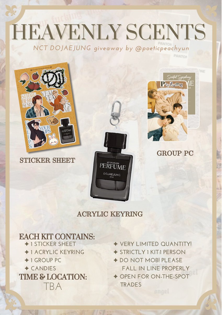 poeticpeachyun's tweet photo. .。･✩:*:･ 𝐇𝐞𝐚𝐯𝐞𝐧𝐥𝐲 𝐒𝐜𝐞𝐧𝐭𝐬 ･:*: ✩･。.

Hi hi! I’ll be giving these freebie kits out on June 24, check poster for more details 🫶🏻

To claim:
✨ pls like + rt this tweet, and show proof upon claiming

#NCTDoJaeJung_Manila 
#DJJ_PerfumesManila https://t.co/8je6bnAEXG