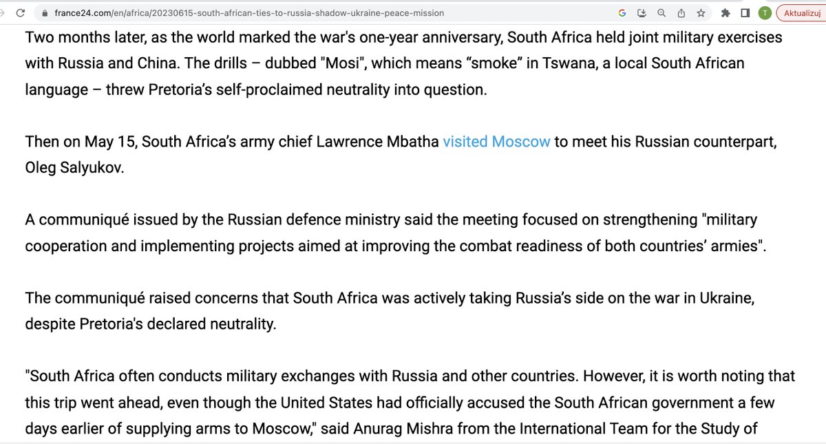 Prezydent RP <a href="/AndrzejDuda/">Andrzej Duda</a> spotkał się z prezydentem RPA <a href="/CyrilRamaphosa/">Cyril Ramaphosa 🇿🇦</a> 
Rzekomo po to, by mówić o wsparciu dla Ukrainy i zbrodniach Rosji.
RPA uczestniczy we wspólnych manewrach wojskowych z Rosją. 
Prowadzi rozmowy o zacieśnieniu współpracy militarnej z Kremlem. 
Dzięki za RT.