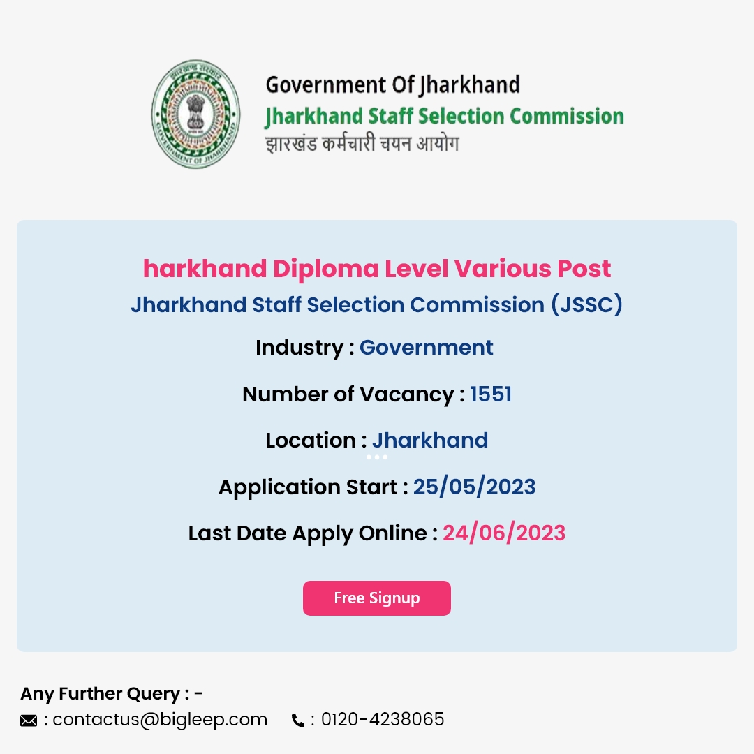 Jharkhand Diploma Level Various Post

Jharkhand Staff Selection Commission

Apply Now: bigleep.com/job-jharkhand-…

#latestjobs #newjobalert #newjobs #jobalerts #jobavailable #jobsinindia #jharkhand #jssc  #applicationfee #jharkhandjobs #jssc #diploma #diplomajobs