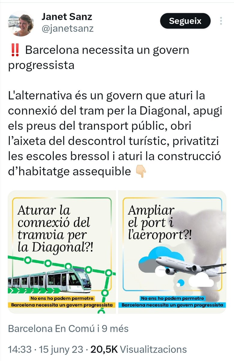 El 2010 un 80% de barcelonins van votar NO al tramvia de la Diagonal. El 'progressisme' de na Frau Colau, Janet Sanz i companyia ha estat petar-nos la voluntat popular i tirar endavant el tramvia sense tenir en compte l'opinió dels barcelonins.
#TrileresEnComú #NOESPOT