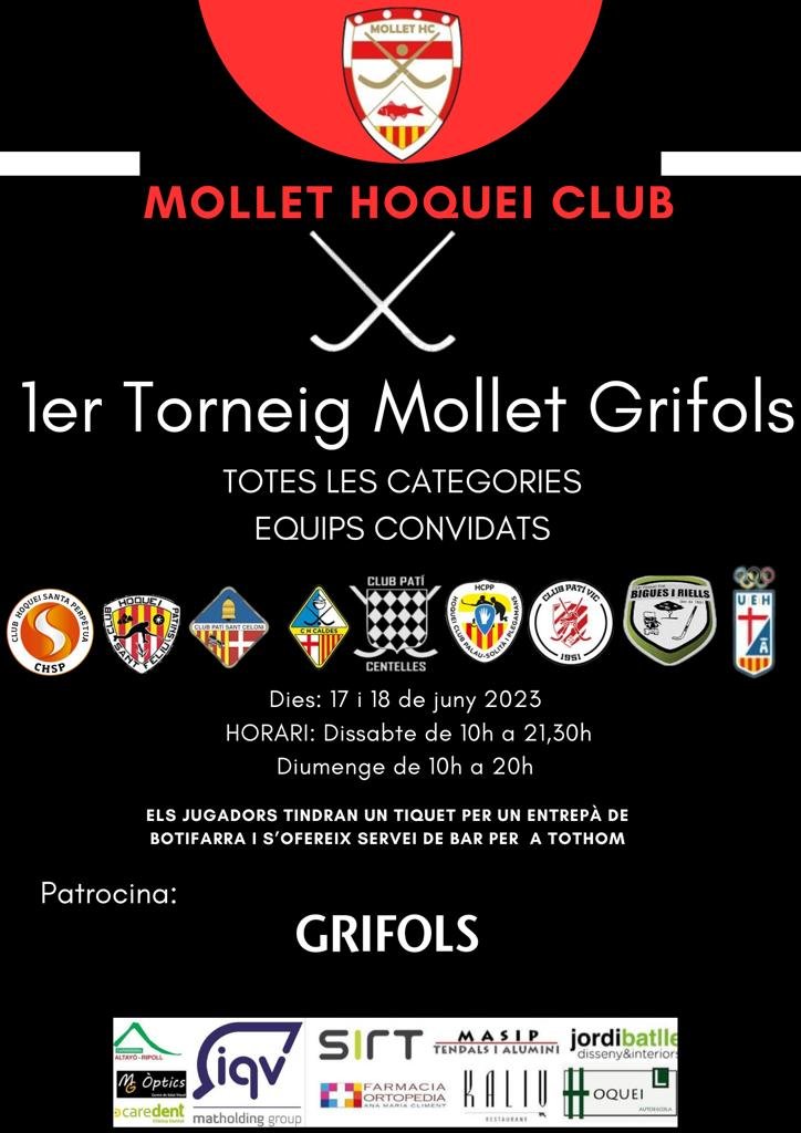 Aquest cap de setmana del 17 i 18 de juny celebrem el primer torneig Mollet Grifols on es gaudiran partits d’hoquei patins a Riera Seca de totes les categories.

Més informació a: mollethc.cat/primer-torneig…