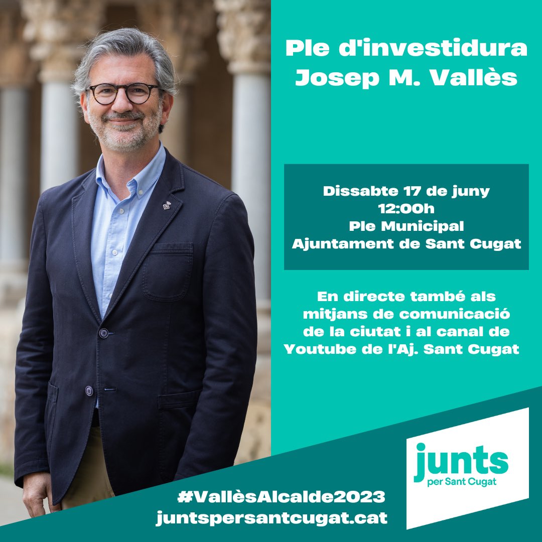🏛 Ple d'investidura de Josep Maria Vallès <a href="/josepmvalles/">Josep Maria Vallès</a>. 

👥 Demà a les 12h us esperem al Ple Municipal de constitució del nou <a href="/ajsantcugat/">Aj. Sant Cugat</a>. 

💚 Torna el #SantCugat que estimes. Ho farem bé i ho farem junts!