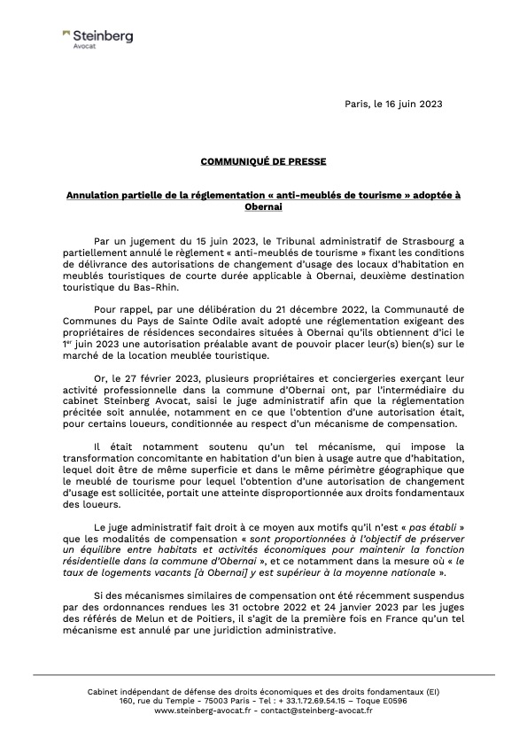 👉 Importante décision dans le contentieux des réglementations "anti-airbnb".

Le Tribunal administratif de Strasbourg annule en partie un texte soumettant l'exercice de cette activité à une autorisation préalable.

Et ce, à Obernai, destination touristique du Bas-Rhin.

#airbnb