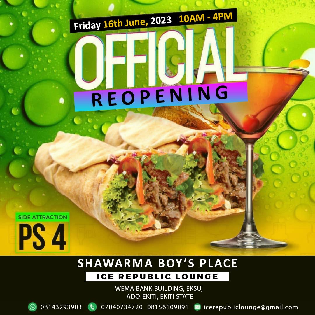 Ice Republic Lounge (Shawarma Boy’s Place) reopens today, Friday 16th June, 2023.
Time: 10am to 4pm

Services;
- Coworking Space 
- Shawarma
- Coffee Shop
- Cocktails
Side Attraction: Games (PS4)
#ShawarmaBoy