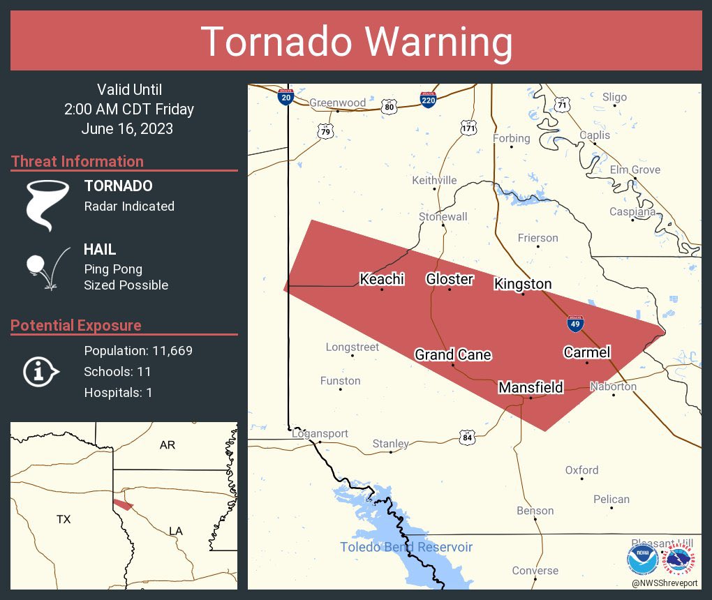 ⚠️ TORNADO WARNING issued for Keachi, LA, Grand Cane, LA and Carmel, LA until 2:00 AM CDT - Take shelter immediately as this storm could drop a tornado at any given moment! ⚠️ #wxtwitter #tornadowarning