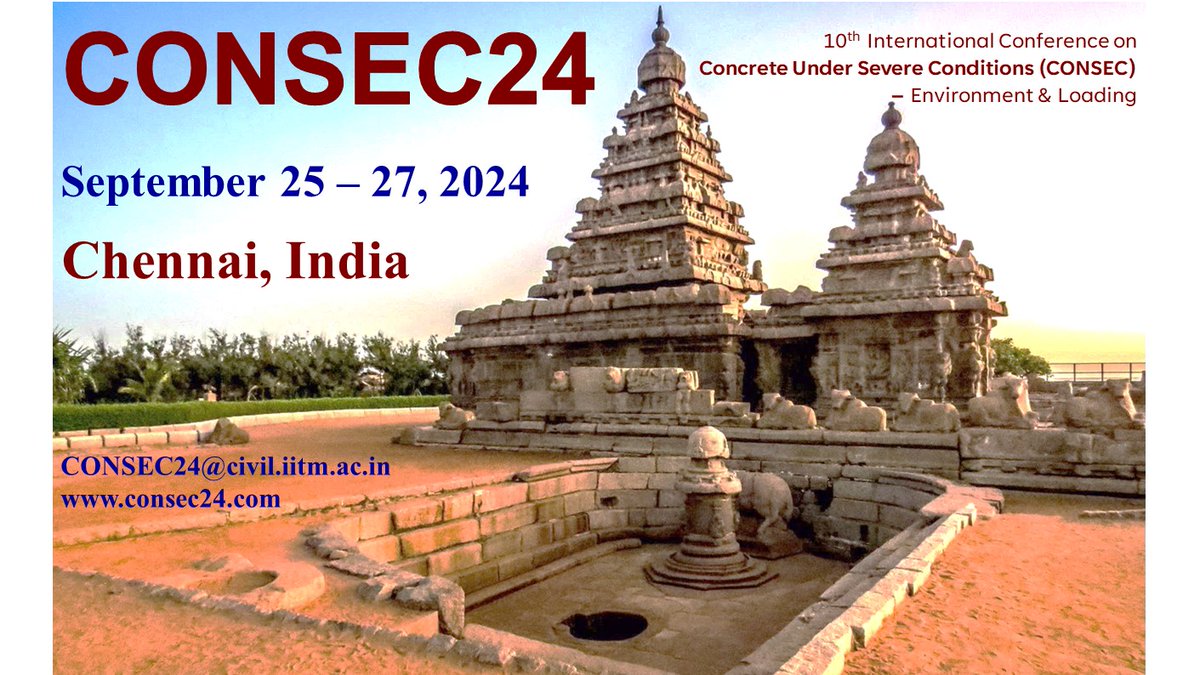 The 10th International Conference on Concrete Under Severe Conditions - Environment &amp; Loading (#CONSEC24) will take place on 24-27 September 2024 in Chennai, India. Follow this link bit.ly/3N1pzOH to check the important dates and the themes of the conference.