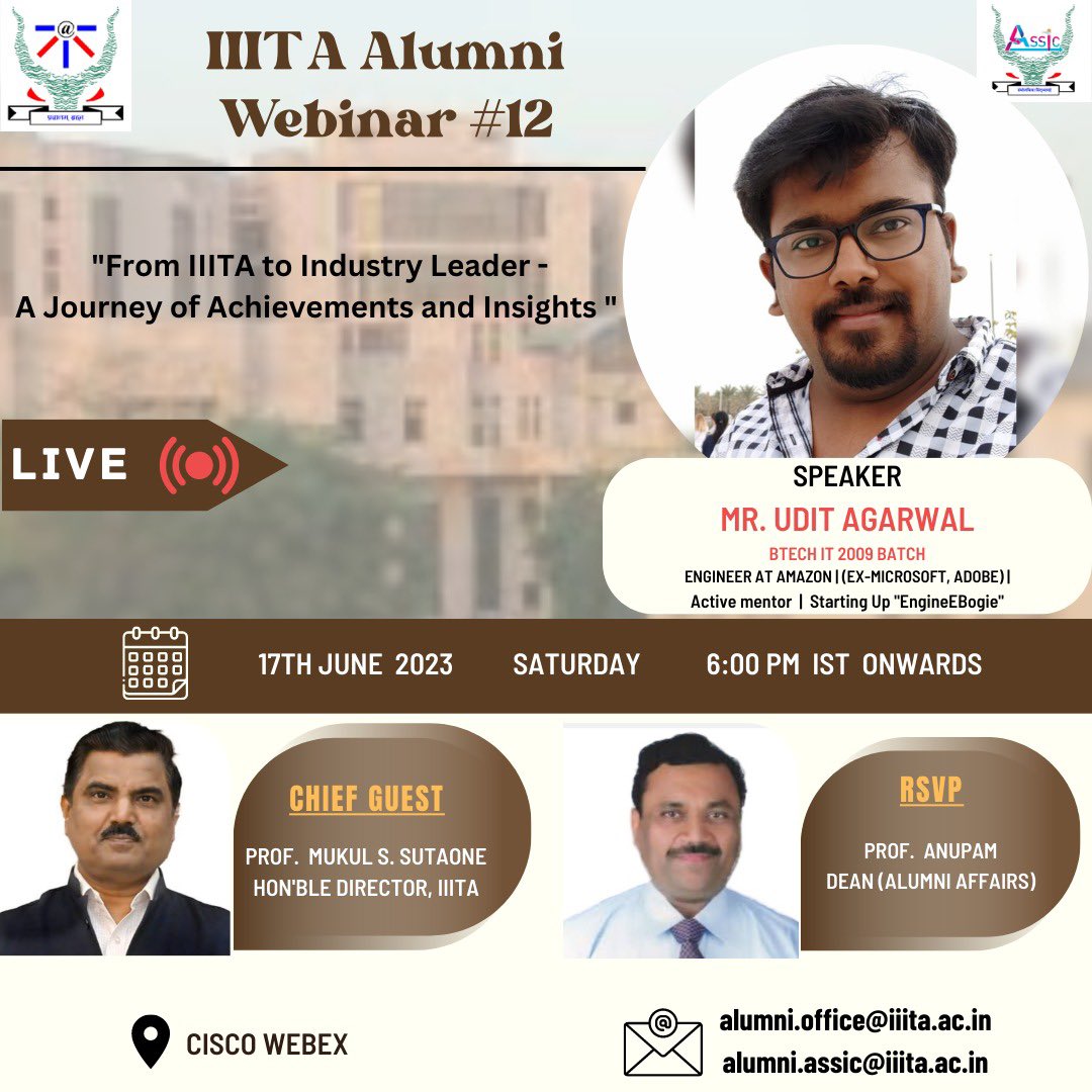 AlumniIiita's tweet photo. An insightful session with Mr. Udit Agarwal, an accomplished engineer at Amazon and who having much experience in tech field and also having startup. Join us on 17th June 2023 at 6 PM in online mode.
Meet link: 
https://t.co/LmMUGYsn4u

#webinar #alumni #iiita https://t.co/4nPz6wJb0p