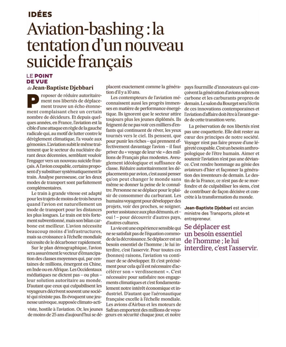La vie est une expérience sensible qui ne se satisfait pas de l'équation commode de la décroissance
Se déplacer est un besoin essentiel de l'homme; le lui interdire, c'est l'asservir
Pour toutes ces (bonnes) raisons, l'aviation va continuer de se développer☘️😉
Par <a href="/Djebbari_JB/">Jean-Baptiste Djebbari</a>