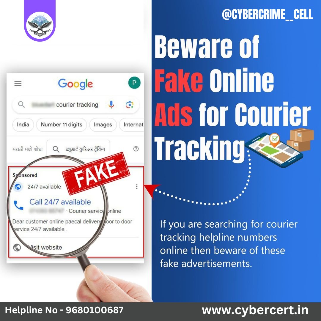 cybercert_in's tweet photo. Beware of Fake Online Ads for Courier tracking The scammer put that link on the internet &amp; when you fill the form or give the details on that particular link you data will be hack

https://t.co/nZly9xSzsB

helpline no - 9680100687

#cybercrime #CyberAttack #Internet #Online https://t.co/IR2QO4Behr