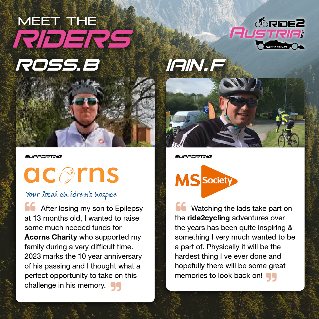 Meet the #Riders taking on #ride2austria!

Ross B Supporting <a href="/acornshospice/">Acorns Children's Hospice</a> 

Iain F Supporting <a href="/mssocietyuk/">MS Society UK</a>

Donate to Ross &amp; Iain at ride2.co.uk/donate 😊

🚴🏼‍♀️🏎🇬🇧🇦🇹

#cycling #cycle #cyclelife #cyclelife #stravacycling#charityevent #charity #charitychallenge #causes
