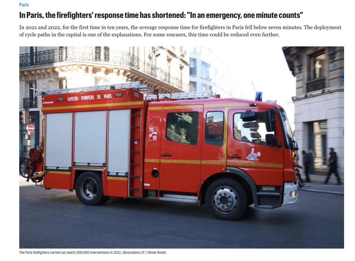 For those in the back that need even more reasons to promote cycling:

In #Paris, emergency response times have FALLEN because firefighters can now use the growing bike lane network (and cyclists disperse much easier than cars).

(via <a href="/DavidZipper/">David Zipper</a>: www-leparisien-fr.translate.goog/amp/paris-75/a…