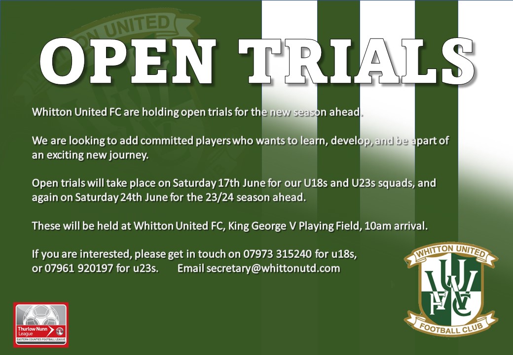 Whitton United FC (@whittonunitedfc) on Twitter photo Dont forget our U18s and U23s are holding open trials tomorrow 17th June for a 10am start
<a href="/SuffolkFA/">Suffolk Football Association</a> Dont forget our U18s and U23s are holding open trials tomorrow 17th June for a 10am start
<a href="/SuffolkFA/">Suffolk Football Association</a>
