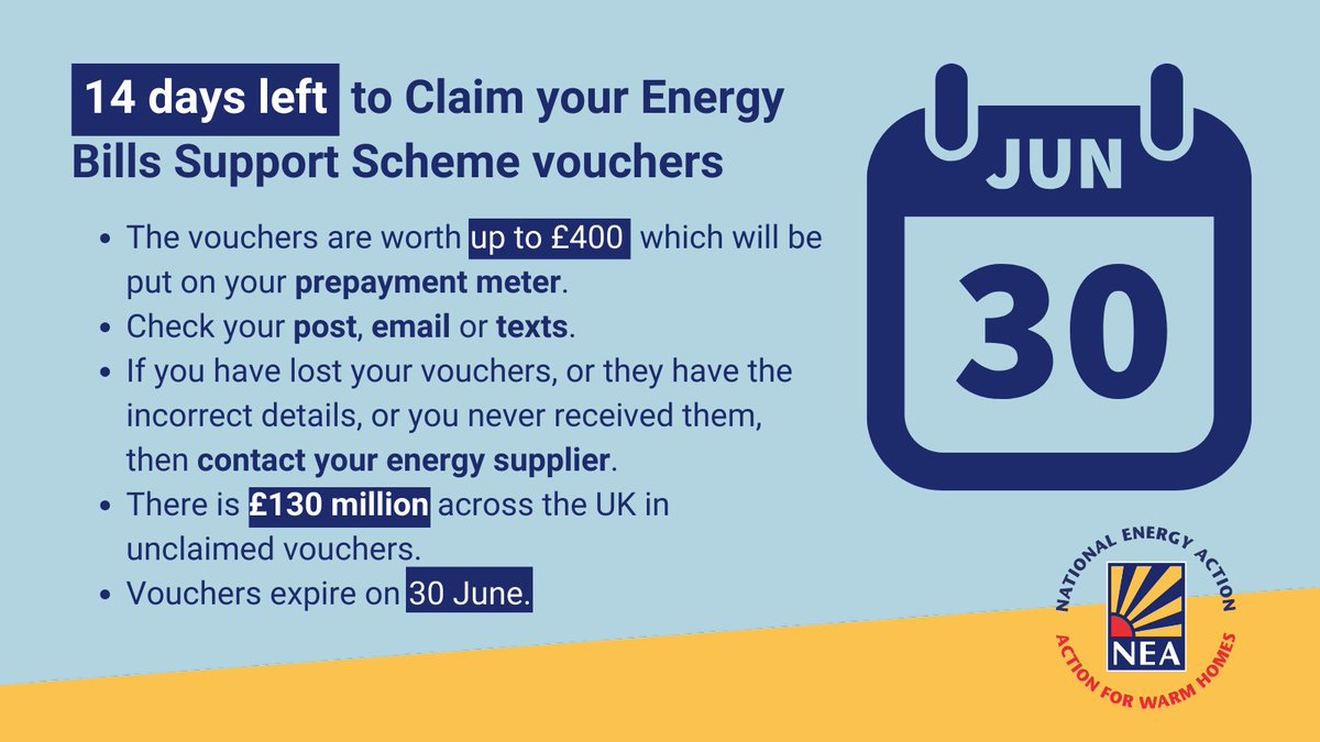 The Energy Bills Support Scheme will close in a fortnight. #Prepayment customers must redeem their vouchers by this deadline or they will expire. It's vital money when #EnergyBills have never been higher. Please share with friends and family who aren't online.