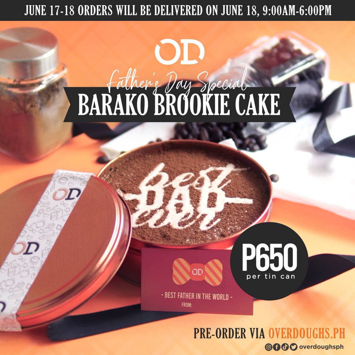 overdoughsph's tweet photo. OD Barako Brookie Cake for the best dad ever!

Celebrate Father's Day with a treat he deserves! A tin can cake made with layers of butter cookie, brownie, tiramisu, cream cheese, chantilly cream, and topped with cocoa powder ☕

Available for pre-order via https://t.co/4VC5bUYo3n https://t.co/hANgVijnVP