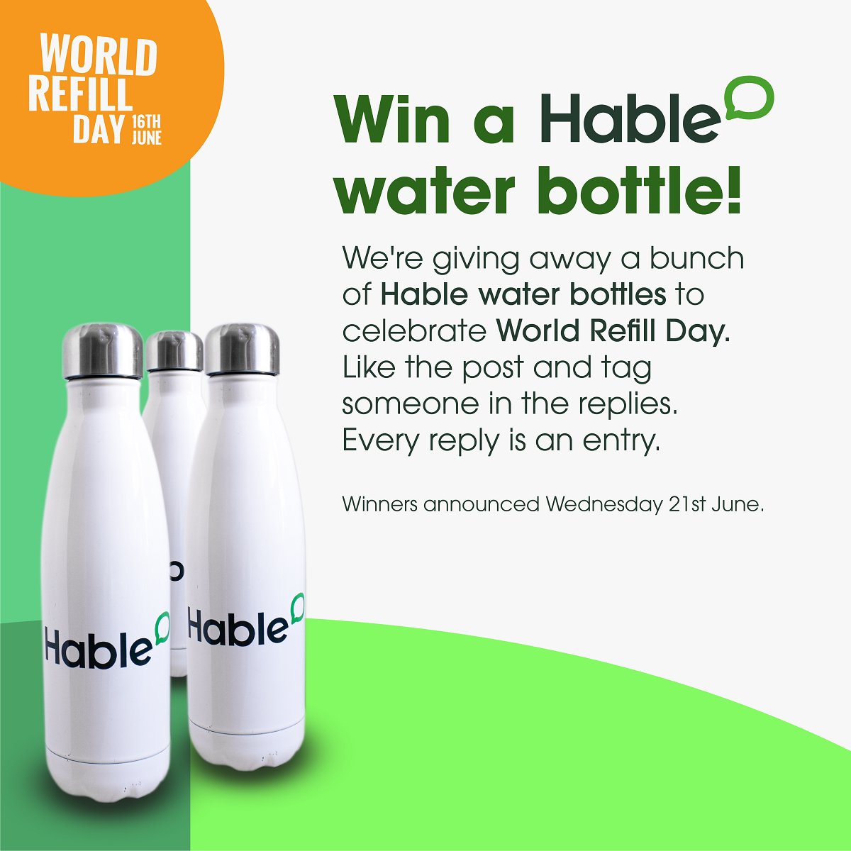 To celebrate #WorldRefillDay, we're giving 5 people the chance to win a snazzy Hable water bottle! 😎

Great for hydration - and great for the planet too. 

Just like this post and tag someone in the replies. Winners chosen @ random. Be part of the #RefillRevolution! 

(<a href="/Refill/">Refill Return</a>)