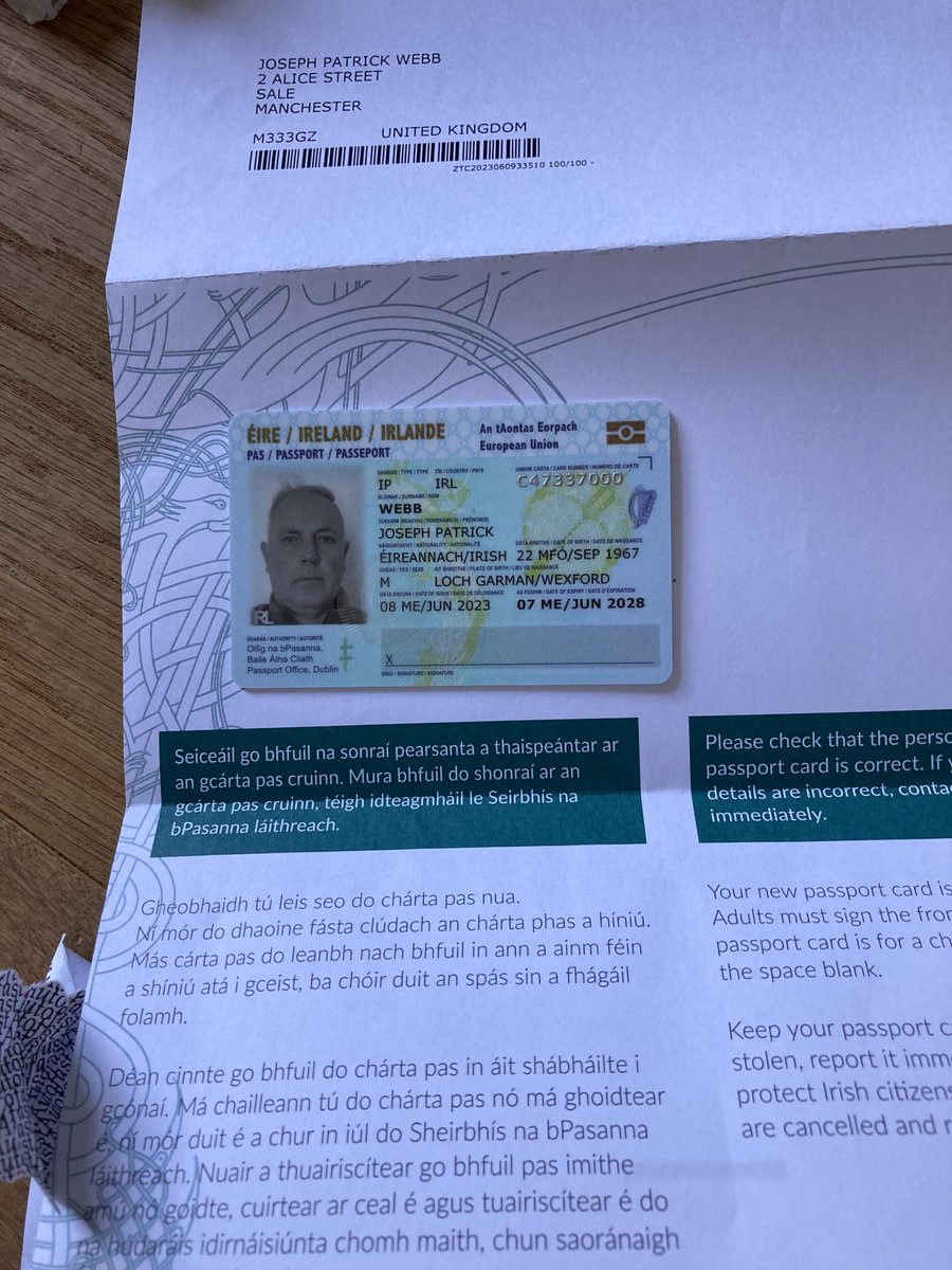New Irish passport arrived in 10 day , over the bar …….