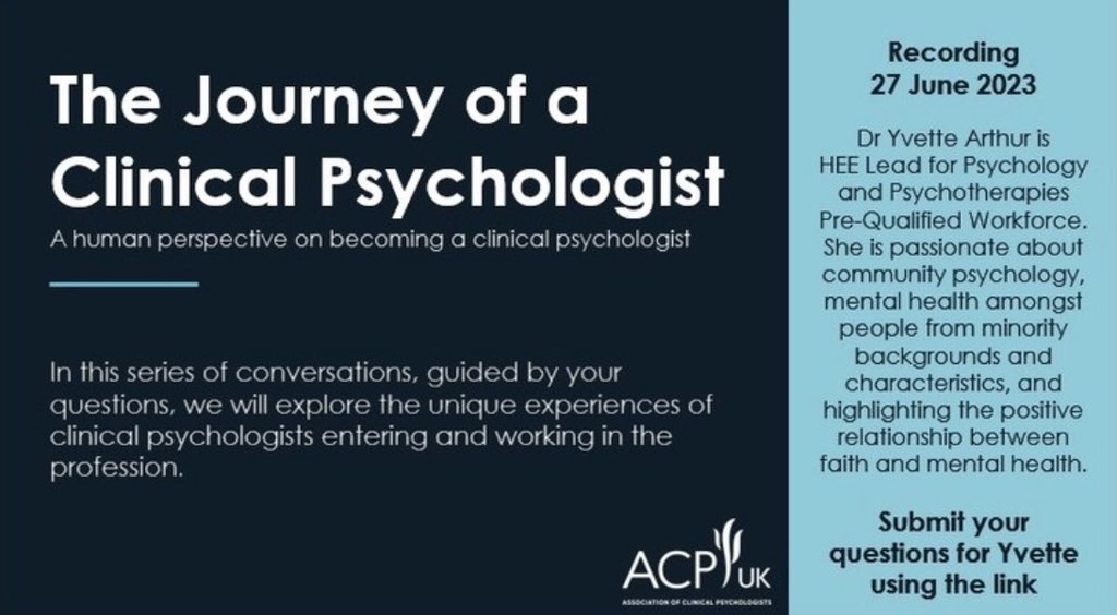 ACP-UK Trainee Network (@acp_uktrainees) on Twitter photo Introducing our next speaker for our In Conversation webinar series, Dr Yvette Arthur.
This is your chance to ask clinical psychologists about their professional journey & chosen specialism.
Your questions guide our conversation; submit them here:
clinicalpsychogists.eu.qualtrics.com/jfe/form/SV_4O… Introducing our next speaker for our In Conversation webinar series, Dr Yvette Arthur.
This is your chance to ask clinical psychologists about their professional journey & chosen specialism.
Your questions guide our conversation; submit them here:
clinicalpsychogists.eu.qualtrics.com/jfe/form/SV_4O…
