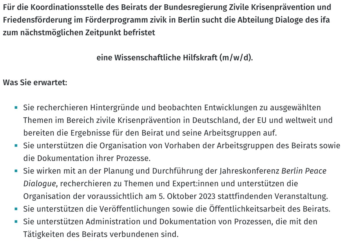 sonjaschiffers's tweet photo. Der Beirat der Bundesregierung Zivile #Krisenprävention und #Friedensförderung sucht eine weitere wissenschaftliche Hilfskraft, insbesondere zur Unterstützung des #BerlinPeaceDialogue. Jetzt bewerben! #BeiratZKP

https://t.co/C3sFPCRm9H https://t.co/Yn41QNEKD4