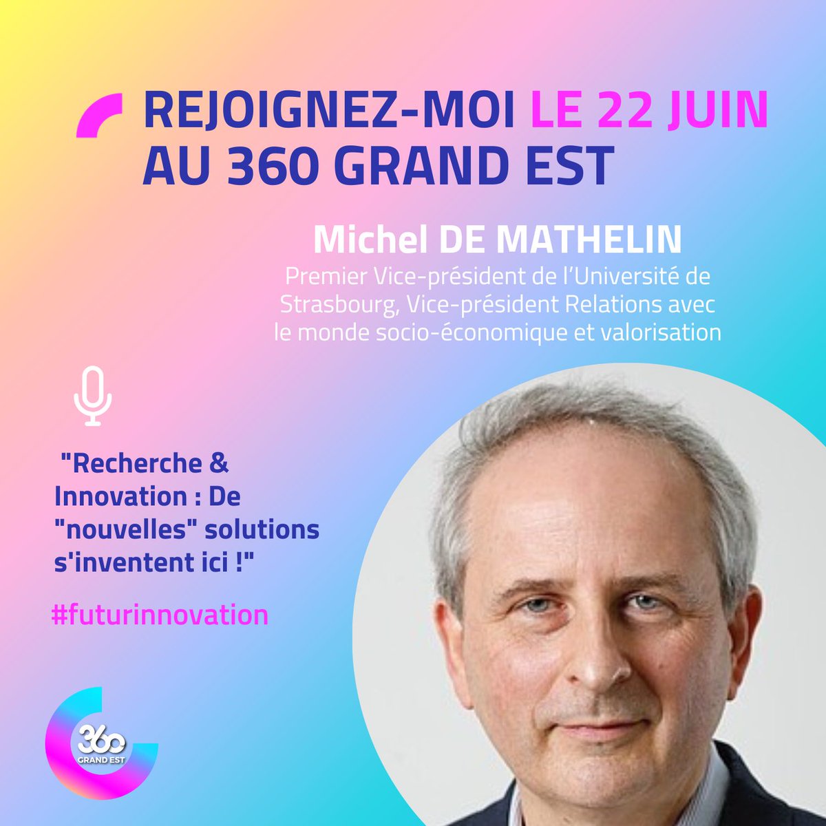 360 Grand Est (@360grandest) on Twitter photo Rejoignez Michel de Mathelin Vice-Président de l'<a href="/unistra/">-</a> pour son intervention en plénière le 22 juin au #360GrandEst à #Strasbourg sur le thème de la #Recherche et l'#Innovation aux côtés de <a href="/GrosdidierMetz/">François GROSDIDIER</a> <a href="/regiongrandest/">Région Grand Est</a> <a href="/GuillaumeGelle/">Guillaume GELLE</a>
➡️S'inscrire bit.ly/3CvkfhP Rejoignez Michel de Mathelin Vice-Président de l'<a href="/unistra/">-</a> pour son intervention en plénière le 22 juin au #360GrandEst à #Strasbourg sur le thème de la #Recherche et l'#Innovation aux côtés de <a href="/GrosdidierMetz/">François GROSDIDIER</a> <a href="/regiongrandest/">Région Grand Est</a> <a href="/GuillaumeGelle/">Guillaume GELLE</a>
➡️S'inscrire bit.ly/3CvkfhP