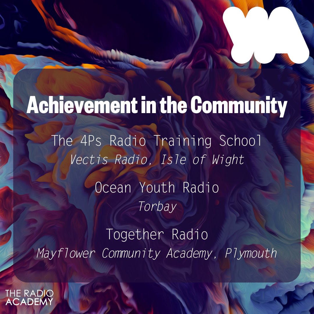 The nominees for 🌟Achievement in the Community🌟 are: The 4Ps Radio Training School – Vectis Radio, Isle of Wight Ocean Youth Radio, Torbay Together Radio - Mayflower Community Academy, Plymouth Congratulations everyone!🏆