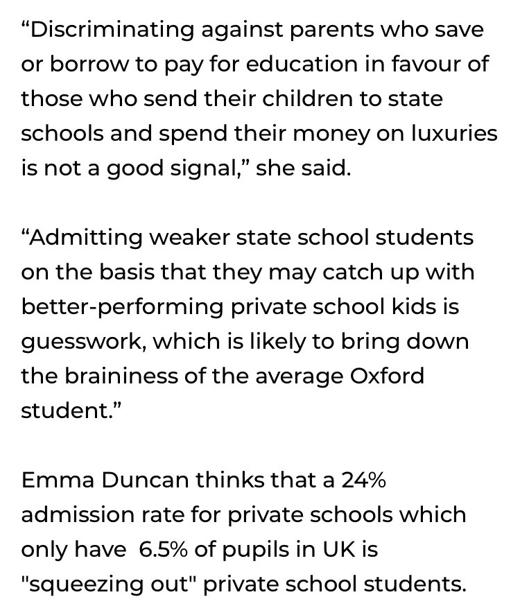 @flying_rodent Attended a £30,000 a year school and not long ago got mad about Oxbridge discriminating against private school kids, by admitting too much riff raff. Her characterisation of parents of state school kids here is particularly incredible