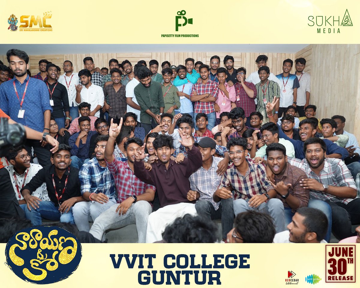 ChinnaPapisetty's tweet photo. In a spree of promotions, Team #NarayanaAndCo visits VVIT College, Guntur and receives overwhelming Love from students❤️✨

#NarayanaAndCoOnJune30 in theatres ❤️‍🔥

@UrsSudhakarK @Pooja_kiran @ChinnaPapisetty @Sukha_Media @PapisettyFP @saregamasouth https://t.co/hTsPh76Ocv