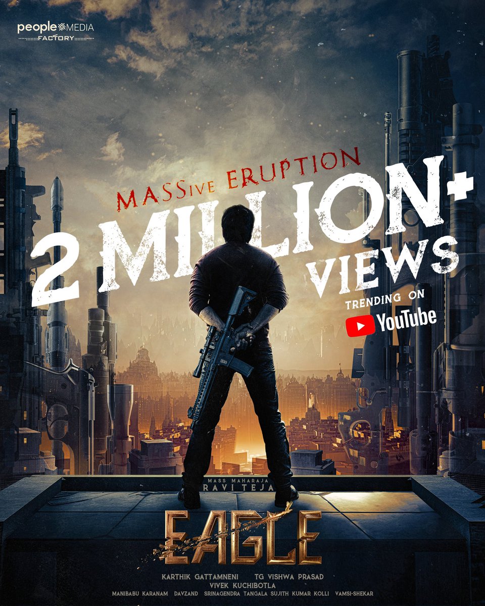 #EAGLE is in it's blazing spirit 🔥 #EagleMASSiveERUPTION hits 2️⃣M+ views & Trending on YouTube 🥳 ICYMI, bit.ly/EagleMASSiveER… @RaviTeja_offl @Karthik_gatta @anupamahere @vishwaprasadtg @vivekkuchibotla @manibkaranam @KavyaThapar @pnavdeep26 @davzandrockz @sujithkolli