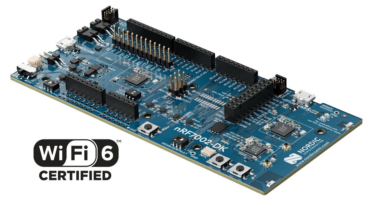 NordicTweets's tweet image. Did you know our #nRF7002 DK, featuring the nRF7002 #WiFi 6 Companion IC, has obtained #WiFi6 certification? This streamlines the process of delivering Wi-Fi 6 certified products based on our nRF70 Series devices. 

See our website for more: nordicsemi.com/wifi
@WiFiAlliance