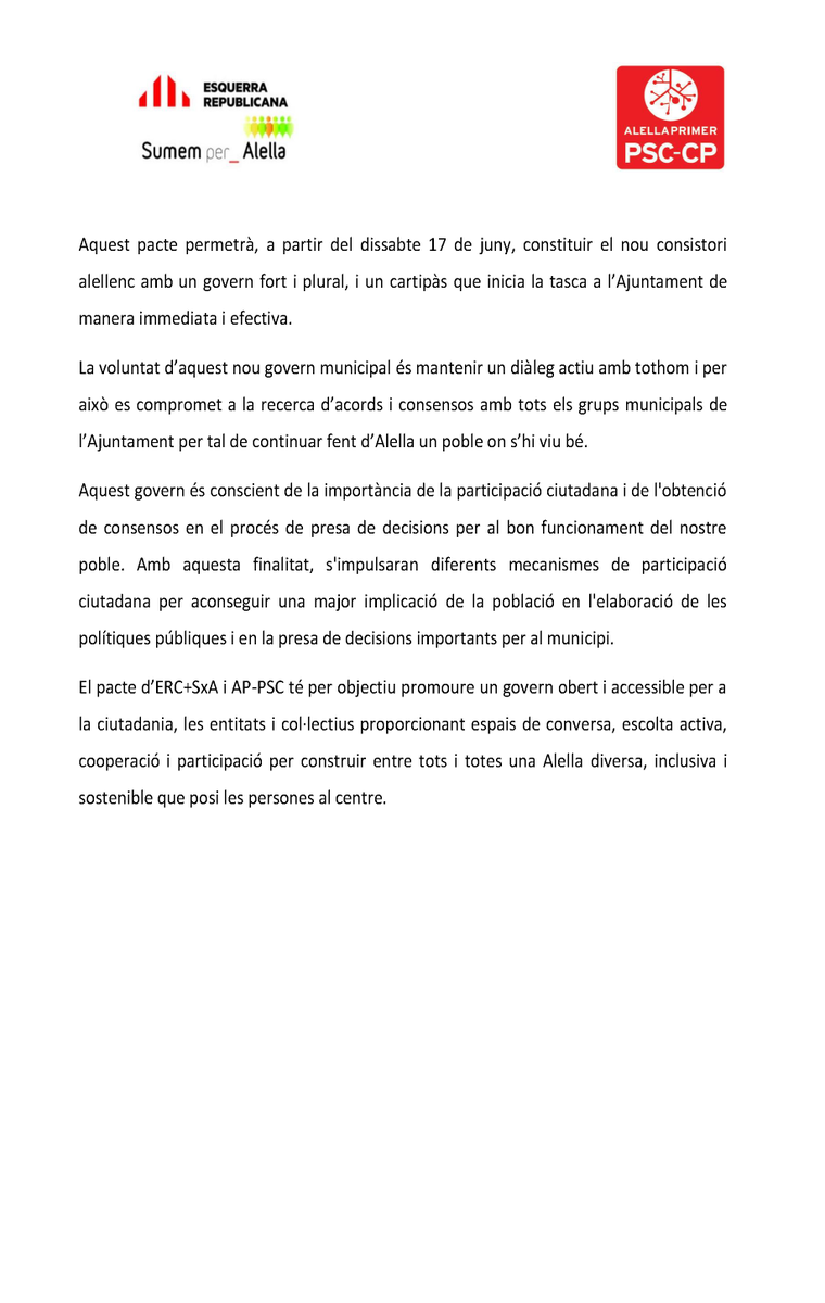 AlellaPrimer's tweet photo. Comunicat conjunt d'ERC+Sumenm per Alella i Alella Primer+PSC de l'acord programàtic per al govern d'Alella per al mandat 2023-2027. https://t.co/Z3mRwXnUvk