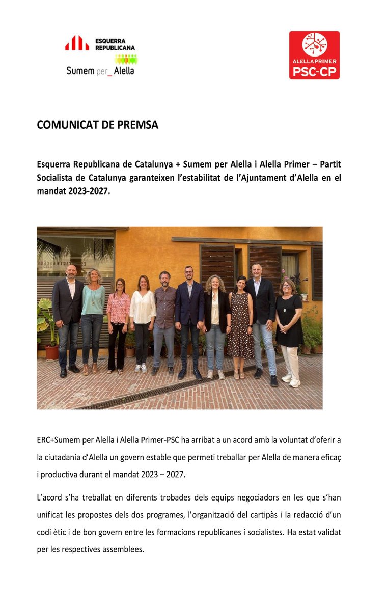 AlellaPrimer's tweet photo. Comunicat conjunt d'ERC+Sumenm per Alella i Alella Primer+PSC de l'acord programàtic per al govern d'Alella per al mandat 2023-2027. https://t.co/Z3mRwXnUvk