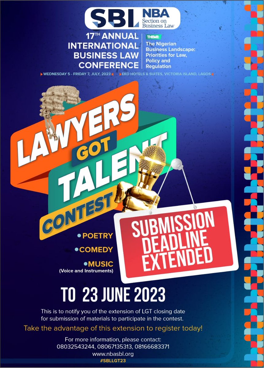 The deadline for Lawyers Got Talent has been extended to June 23rd, 2023. 

Showcase your skills and compete for cash prizes at the 2023 #BusinessLaw #Conference.

Submit your video to nbaseconbusinesslaw@gmail.com

See nbasbl.org for more info. 

#NBASBL2023 #NBASBL