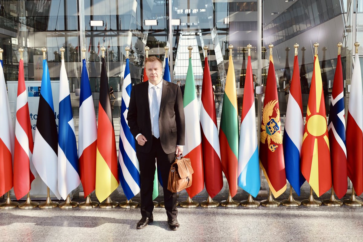 FinlandatNATO's tweet image. "Today is a historic day as 🇫🇮 participates in the #DefMin meeting for the first time as an ally. The meeting is also an important milestone as we prepare for the upcoming Vilnius Summit."
 
Minister @anttikaikkonen before today’s #NATO meeting of Defence Ministers.
 
#WeAreNATO