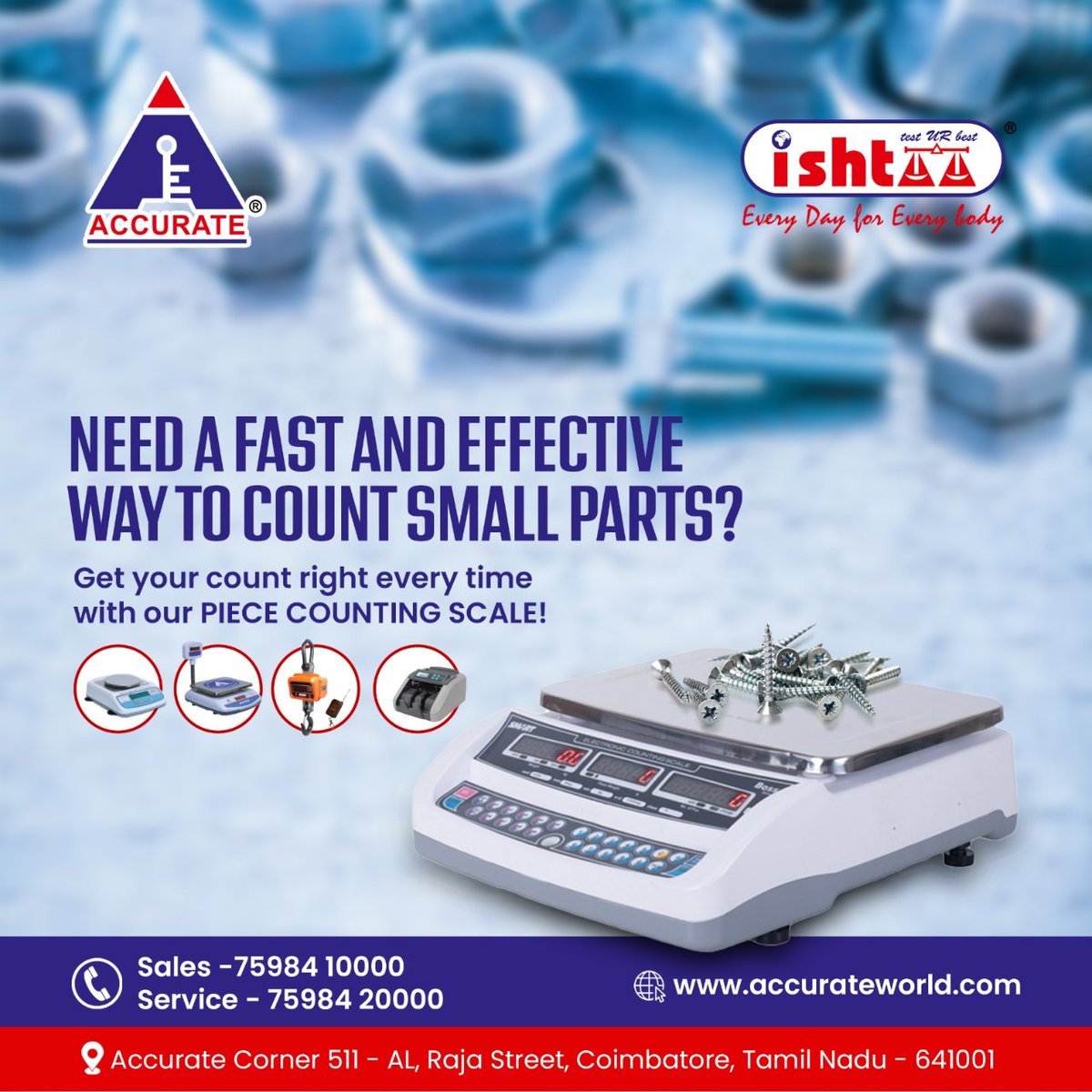 Need a Fast & Effective way to count small parts?

For More Details:
📍Accurate Corner 511 - AL, Raja St, Coimbatore, Tamil Nadu 641001
✆ 75984 10000
.
#PieceCounting #PieceCountingScale #Accurate #AccurateElectronics #WeighingScale #WeightScale #FieldScale #IndustrialScale