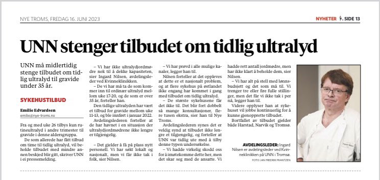 Prekær jordmormangel hindrer viktig kvinnehelsetilbud. Nå må UNN stenge tilbud om tidlig ultralyd. Sånn kan vi ikke ha det @ingvildkjerkol @helseministeren. Det må utdannes flere jordmødre så alle landets kvinner får dette livsviktige tilbudet. @Arbeiderpartiet @Senterpartiet