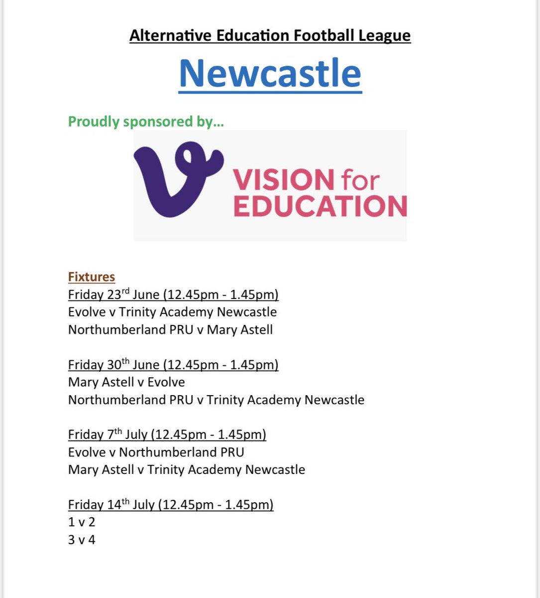 Fixtures confirmed for the football league ⚽️ <a href="/VisionForEd/">Vision for Education</a> 

#EvolveSportsAcademy