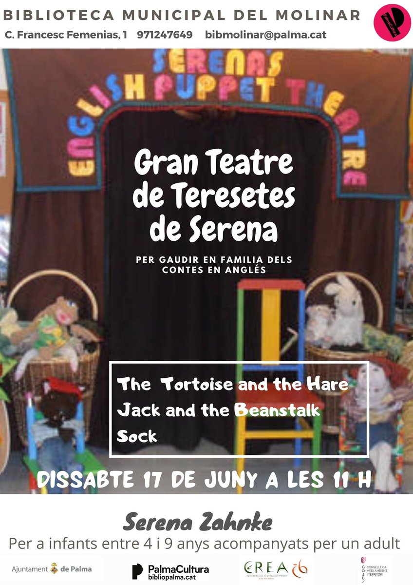 piacaib's tweet photo. 📌GRAN TEATRE DE TERESETES DE SERENA A LA BIBLIOTECA DEL MOLINAR.
Amb el seu gran teatre de teresetes, Serena farà que ens ho passem d’allò més bé amb un grapat de contes i historietes com Sock, The tortoise and the hare o Goldilocks and the three bears. https://t.co/fjMPN3StMM