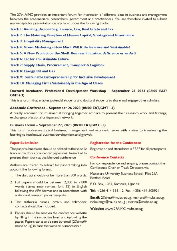 OfficialMubs's tweet image. 𝗖𝗮𝗹𝗹 𝗳𝗼𝗿 𝗣𝗮𝗽𝗲𝗿𝘀
The 27th Annual International Management Conference (AIMC) 2023.
#AIMC