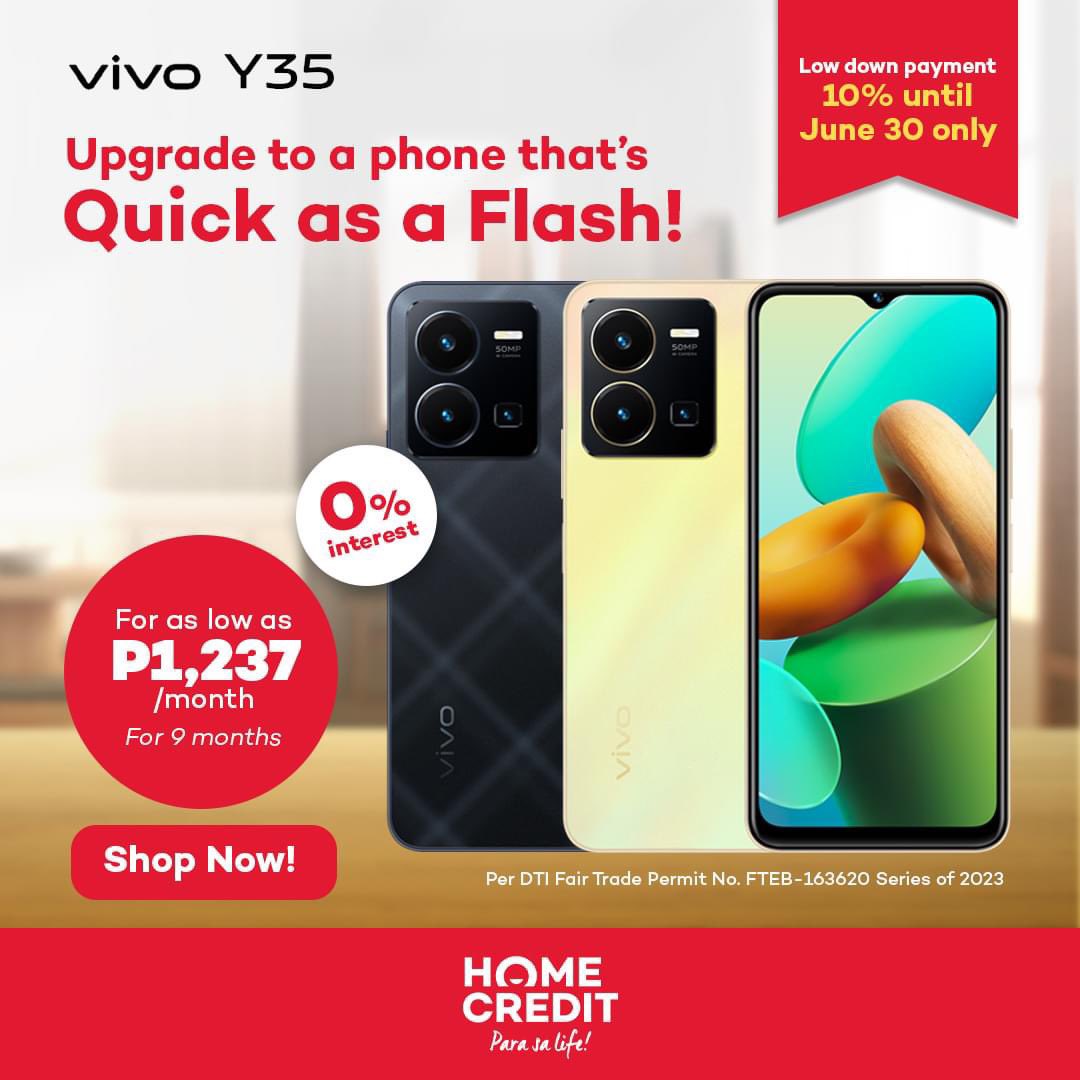homecreditph's tweet image. Enjoy lightning-fast performance when you upgrade to the #vivoY35. Get a phone that's #QuickAsAFlash with 44W Fast Charge and 256GB ROM, all for as low as ₱1,237/mo with only 10% down payment via Home Credit 0% interest!