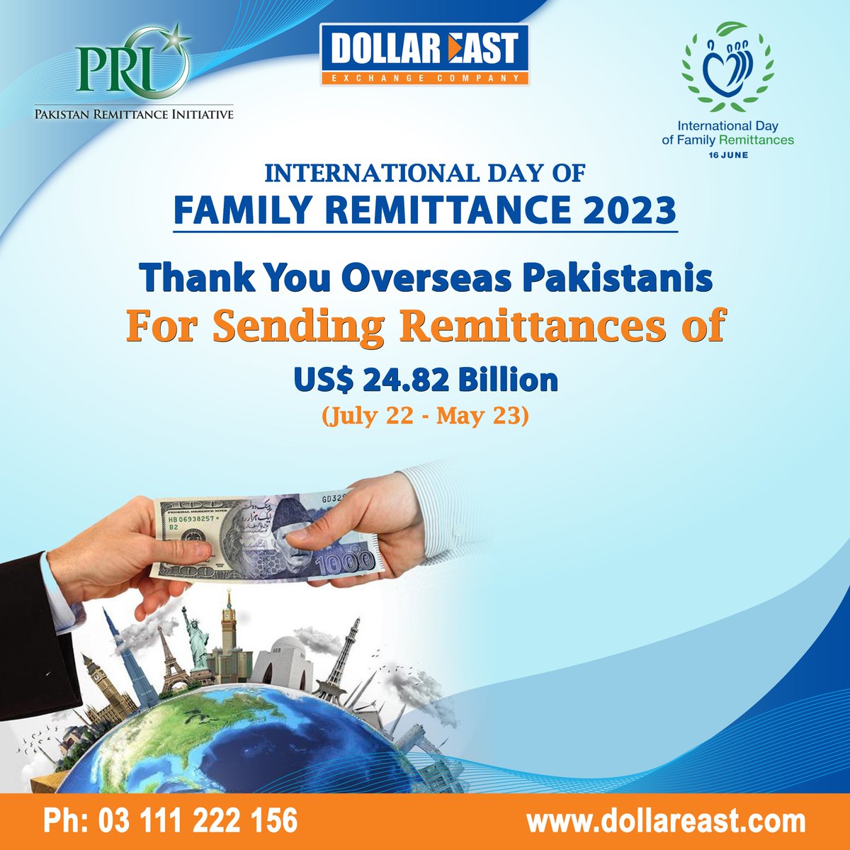 Thank You Overseas Pakistanis for sending Remittances of US$ 24.82 Billion in the last 11 months. On the International Day of Family Remittances.
#InternationalDayofFamilyRemittances #internationaldayoffamilyremittances2023 #idfr2023
#dollareastexchange #InwardRemittance