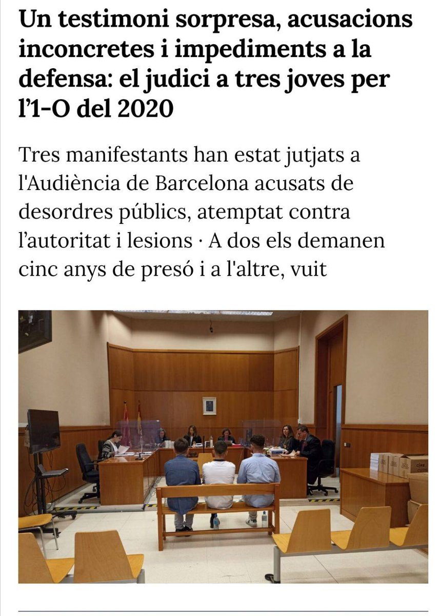🔴 Un altre judici polític per manifestar-se a tres joves independentistes, a dos els demanen cinc anys de presó i a l'altre, vuit.

🗣️La repressió no cessa cap a qui s'organitza i lluita. L'Estat feixista no garanteix, ni té intenció de fer-ho, els nostres drets i llibertats❗