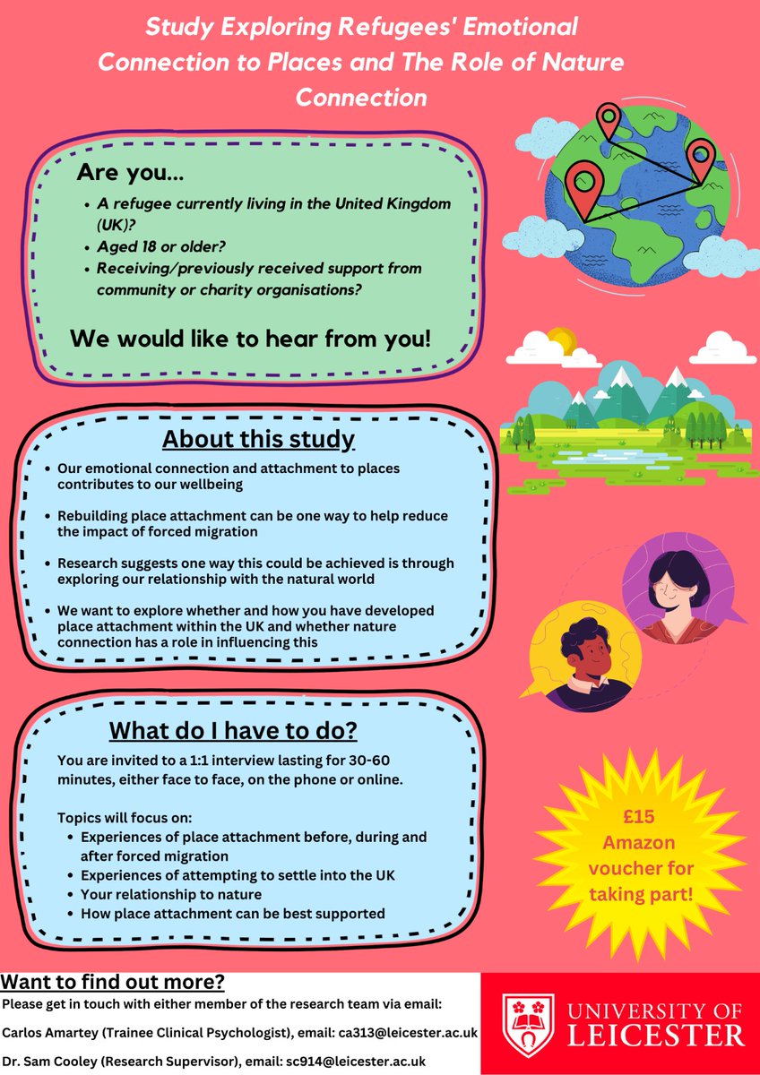 Carlos_K_A's tweet image. I'm currently recruiting for my research project exploring place attachment and nature connection in refugees. If you are able to participate or are aware of anyone able to do so, please do share this poster 😊 #dclinpsy #dclin #refugee #placeattachment #nature #natureconnection
