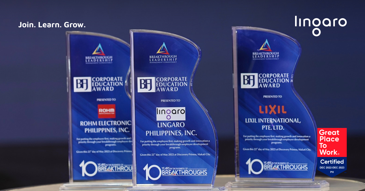 lingarogroup's tweet image. As a company that prides itself in helping employees become the best versions of themselves, #LingaroPhilippines is pleased to receive the Corporate Education Award from Breakthrough Leadership Management Consultancy, Inc. last May 23, 2023. 

#JoinLearnGrow #LingaroDataJourney