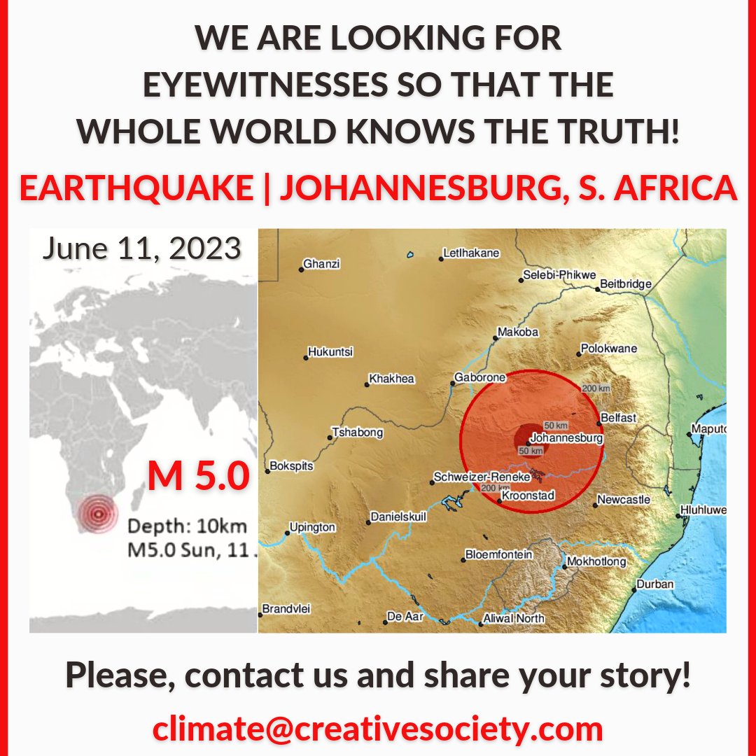 climat_change's tweet photo. June 11❗️ A 5.0-magnitude #earthquake struck near #Johannesburg, shaking buildings across #SouthAfrica’s most populous province.
Please, eyewitnesses, share your story! #CreativeSociety | #disaters #climate #ClimateCrisis #quake #sismo #temblor #terremoto #African #earthquakes https://t.co/AnAaNKFRtO