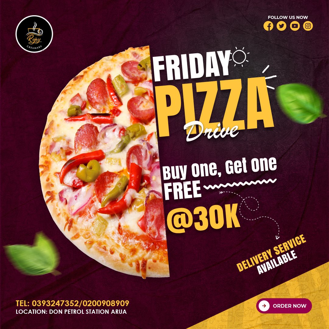 rojeycreamery's tweet photo. Start your weekend off right with our delectable Pizza and juicy toppings on a "Buy one, Get one" deal every Friday. 
Served with additional free bottle of Soda

⏰ Open 24/7 
☎️ For Reservations: 0393247352 / 0200908909
Located At Don Petrol Station Arua https://t.co/WKr4YbTCDB