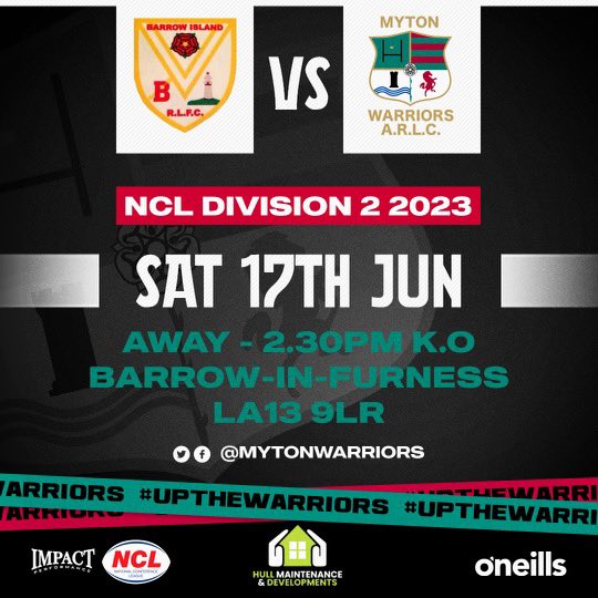 Reminder: Tomorrow the Open Age 1st Team are Away in Cumbria 🚎 

Sat 17th June

2023 @impact_perform_ @OfficialNCL Division 2

@BarrowIslandARL v @MytonWarriors 2:30pm KO

Bus Leaves Marist 8:15am Supporters welcome £10 each 🚎🍻🏉🏆❤️💚 

#UpTheWarriors #AwayDays #CommunityRL