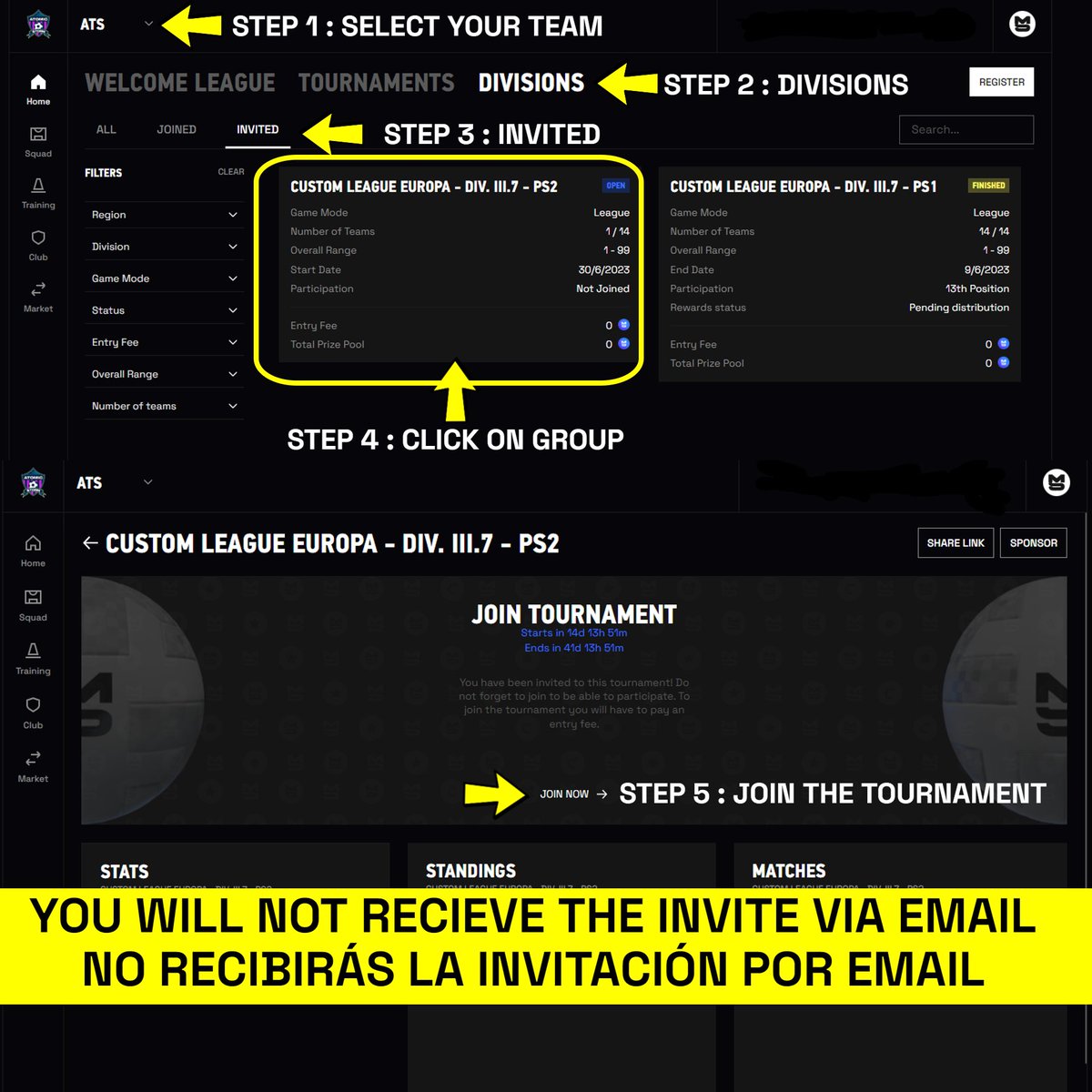 Hay gente que me comenta por privado que no ha recibido la invitación de la Custom League. La invitación no se "envía" por ningún sitio (email, mensaje o similar). Cada uno tiene que seleccionar su equipo, verificar y entrar 

Los grupos están también aquí metasoccer-academy.com/join-stats-ps2…