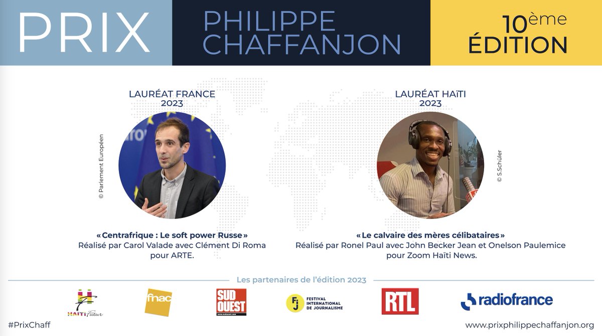 🏆 Félicitations aux lauréats de la 10ème et dernière édition du <a href="/PrixChaff/">Prix Chaff</a> !  

🇫🇷 "Centrafrique : le softpower russe" de <a href="/CarolValade/">Carol Valade</a>
et <a href="/clementdiroma/">Clément Di Roma</a> pour <a href="/ARTEfr/">ARTE</a>
🇭🇹 "Haïti : le calvaire des mères célibataires" de <a href="/RonelPaulP/">Ronel PAUL Journaliste</a> pour <a href="/ZoomHati1/">Mr_ZooM</a> 

👉 bit.ly/3Nw1Lmz
