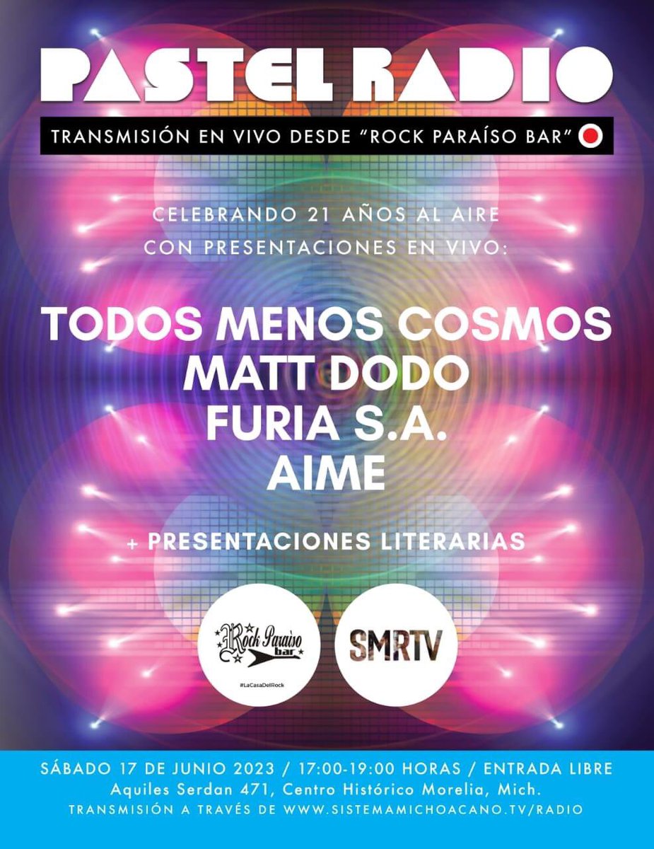 artistdistrictm's tweet photo. Felicidades a nuestros aliados Pastel radio por cumplir sus XXI año al aire. Desde Los Ángeles, California hasta Morelia, Michoacán, estaremos compartiendo su transmisión en vivo desde Rock Paraíso Bar. 
#theartistdistrict #artistdistrictmagazine #pastelradio #LosAngeles #Morelia https://t.co/TC9h0frV2R