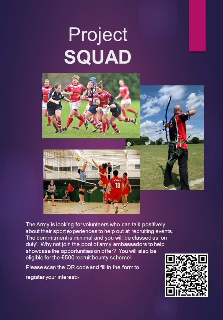 Can you support the Army in Project Squad?

Do you play sport at unit or corps level? Are you interested in sharing your experience of Army Sport?

Then follow the QR Code to register your interest and get involved

#BritishArmySport #ProjectSquad